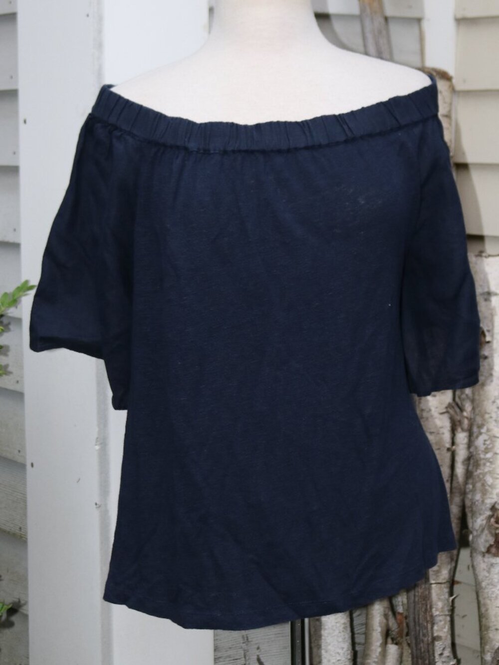 CHICO'S Navy Blue Linen Off the Shoulder Flutter Sleeves Top Sz 3 - XL